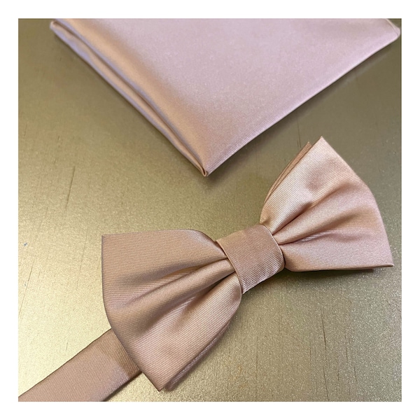 KIDS Matte Satin Rose Gold Pretied Bow Tie and Pocket Square Set Wedding Ring bearer Formal Sand 2022