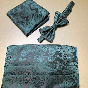May include: A green paisley patterned bow tie, pocket square, and cummerbund set. The set is made of a satin-like fabric with a subtle sheen.