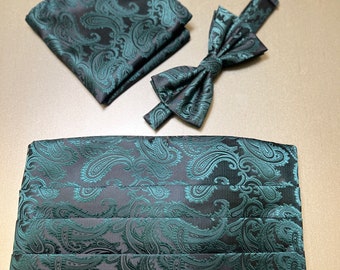 New Paisley Dark forest green Men’s Cummerbund And Bow tie & Pocket Square Hanky Set handkerchief hankie