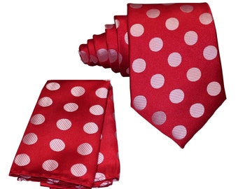 Red / White BIg Polka Dots Men's Self tie Neck tie and Pocket Square Handkerchief Hankie Set Party Christmas Holiday Prom Fall