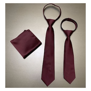 WINE CABERNET Dark Burgundy Kid&#39;s 11&quot; or 14&quot; inch Zipper Tie and Pocket square handkerchief hankie - solid