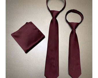 Kid's 11" or 14" inch Zipper Tie and Pocket square handkerchief hankie - Dark BURGUNDY WINE solid