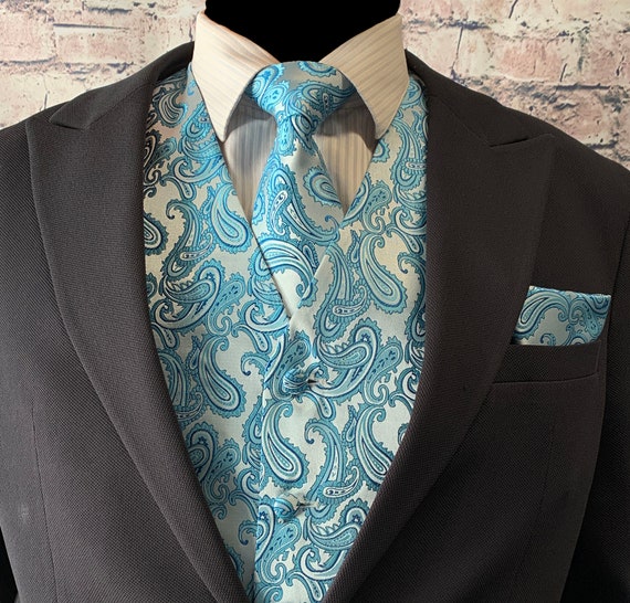 Turquoise Blue Paisley Men's Vest Longtie and Pocket Square 3pcs