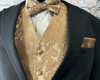 Tan Champagne Gold Paisley Men's Vest Bow Tie and Pocket Square 3pcs Set