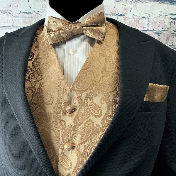 Tan Champagne Gold Paisley Men's Vest Bow Tie and Pocket Square 3pcs Set