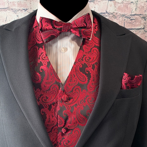 Red / Black Paisley Men's Vest Pre-tied Bow Tie and Pocket - Etsy