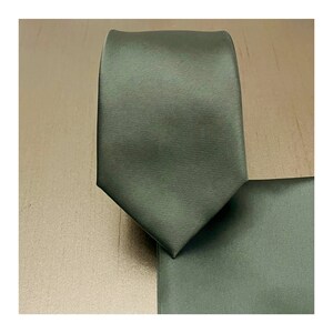 Slim 2.75" Width Dark Dusty Sage Green Solid Self tie Neck tie and Pocket Square Handkerchief Hankie Set Wedding Formal