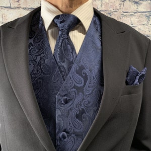 Navy Blue Paisley Men&#39;s Vest Longtie and Pocket Square 3pcs Set