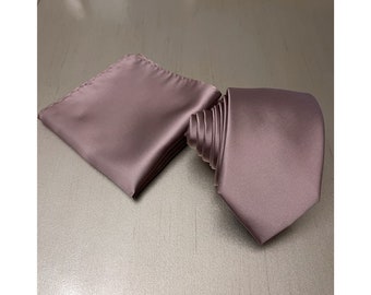 Slim 2.75" wide Satin Dark Mauve Quartz Self Tie Neck tie and Pocket Square Set Wedding Groomsman Formal Prom