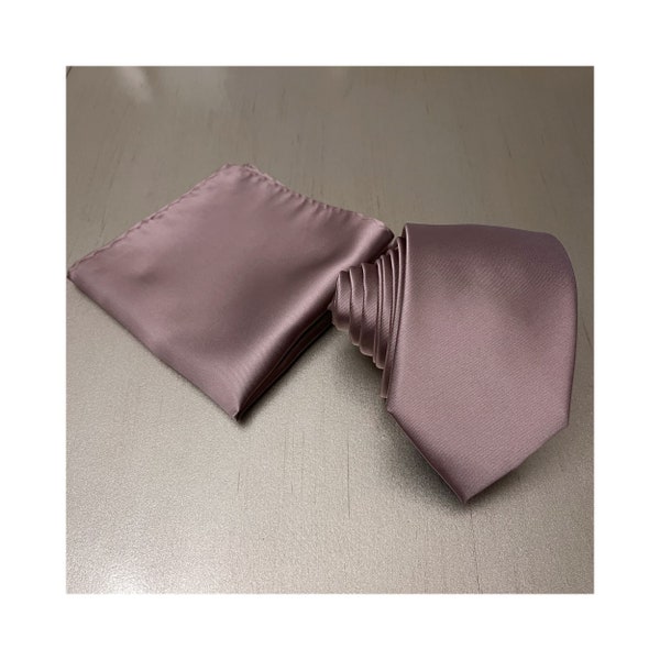 Dusty Mauve Quartz Classic 3.5" wide Self Tie Neck tie and Pocket Square Set Wedding Groomsman Formal Prom