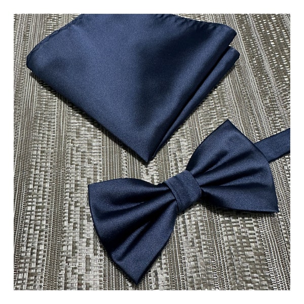NAVY Blue Men's Pretied Bow Tie and Pocket Square Set Marine