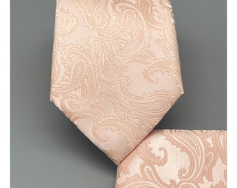 Paisley Blush Peach Pearl Pink Self tie Neck tie and Pocket Square Set Wedding Formal Prom Handkerchief Hankie