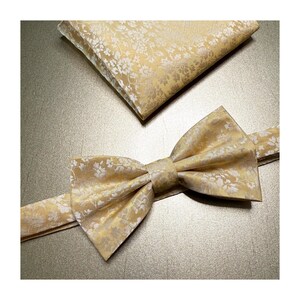 Floral Light Gold Men's Pretied Bow Tie and Pocket Square Set Formal Wedding Prom Gift