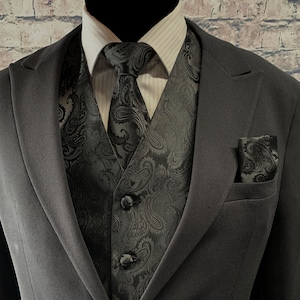 Black Paisley Men's Vest Longtie and Pocket Square 3pcs Set for all formal or casual occasion Prom Wedding Party