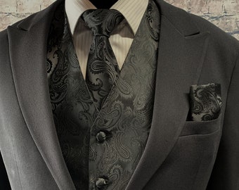 Black Paisley Men's Vest Longtie and Pocket Square 3pcs Set for all formal or casual occasion Prom Wedding Party