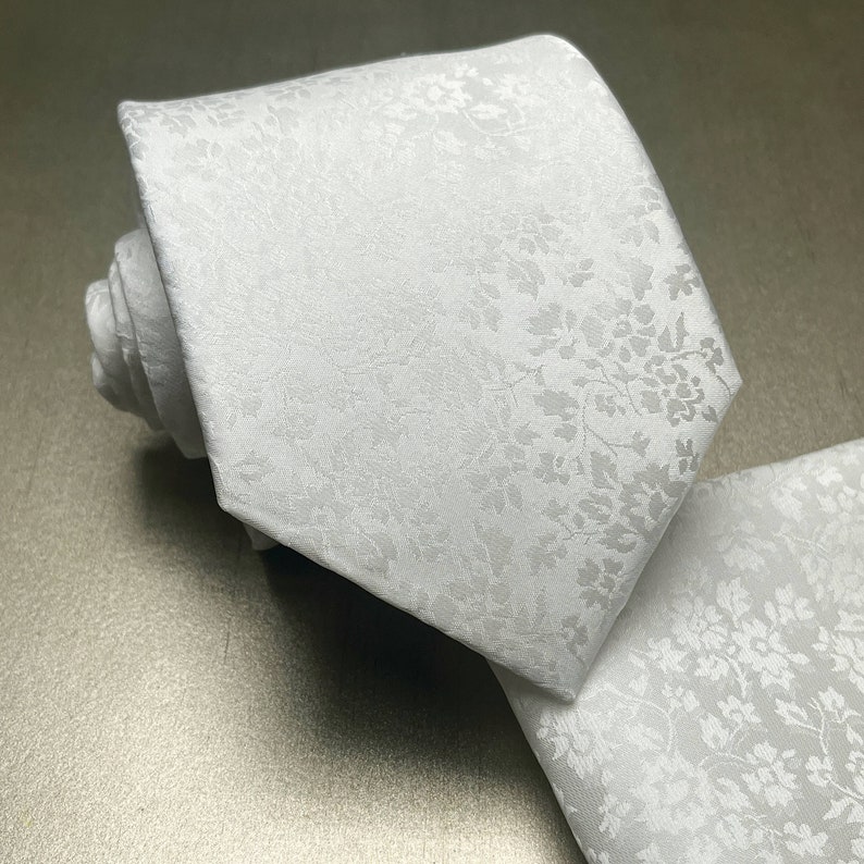 Subtle Pattern Tie Floral WHITE Self Tie Classic Neck Tie and Pocket Square Set Wedding ...