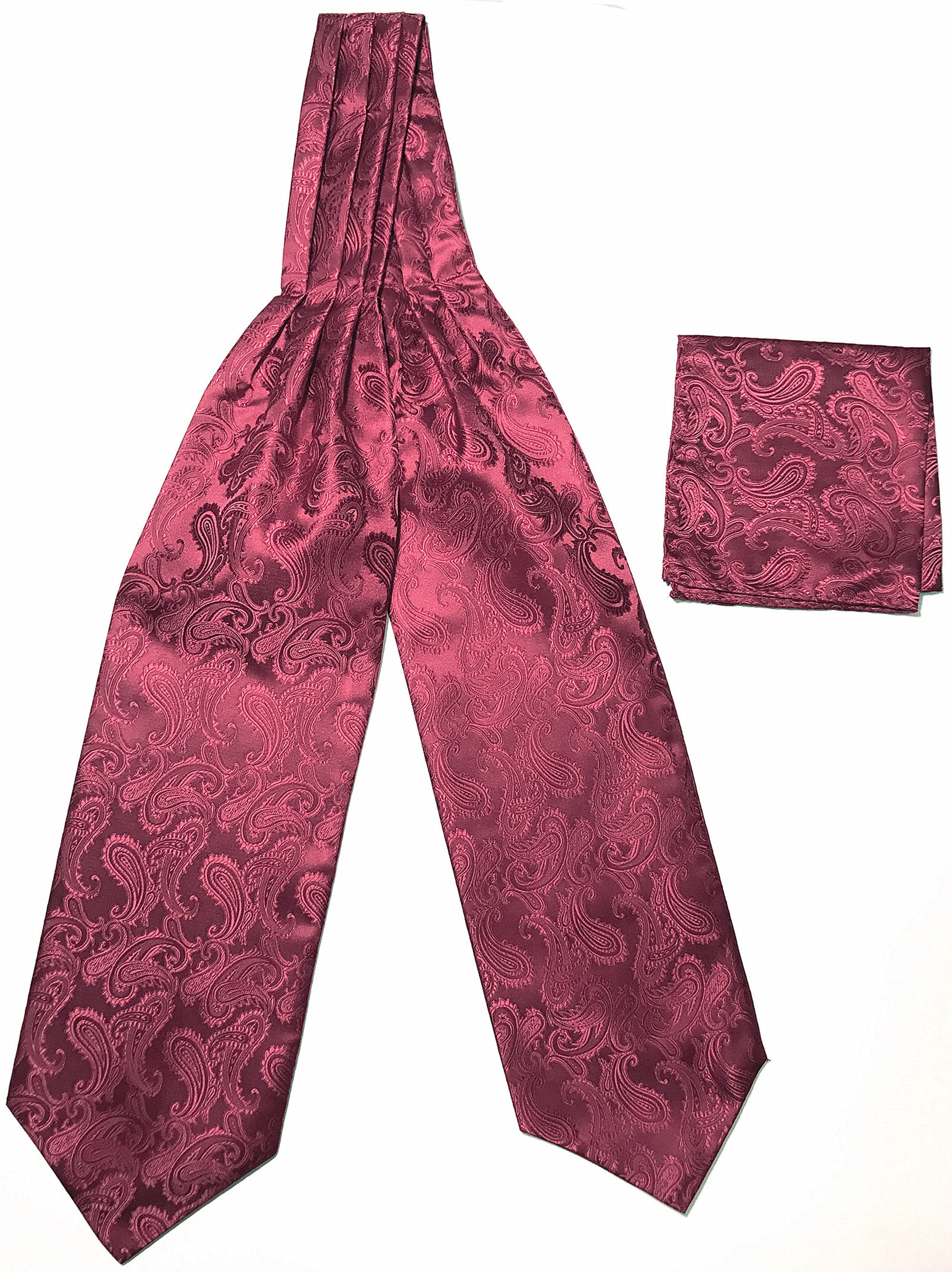 Pre Tied Blue & Burgundy Vintage Paisley Silk Satin Ascot Cravat & Handkerchief 