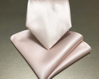 Blushing Pink Self tie Neck tie and Pocket Square Handkerchief Hankie Set solid plain Pale blush