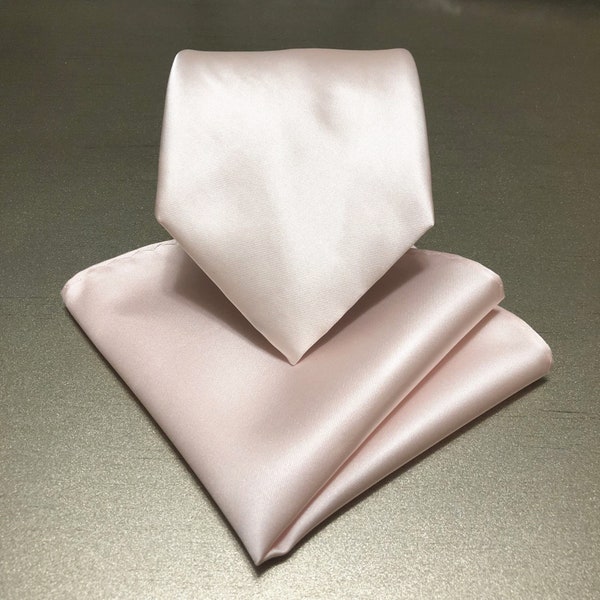 Blushing Pink Self tie Neck tie and Pocket Square Handkerchief Hankie Set solid plain Pale blush