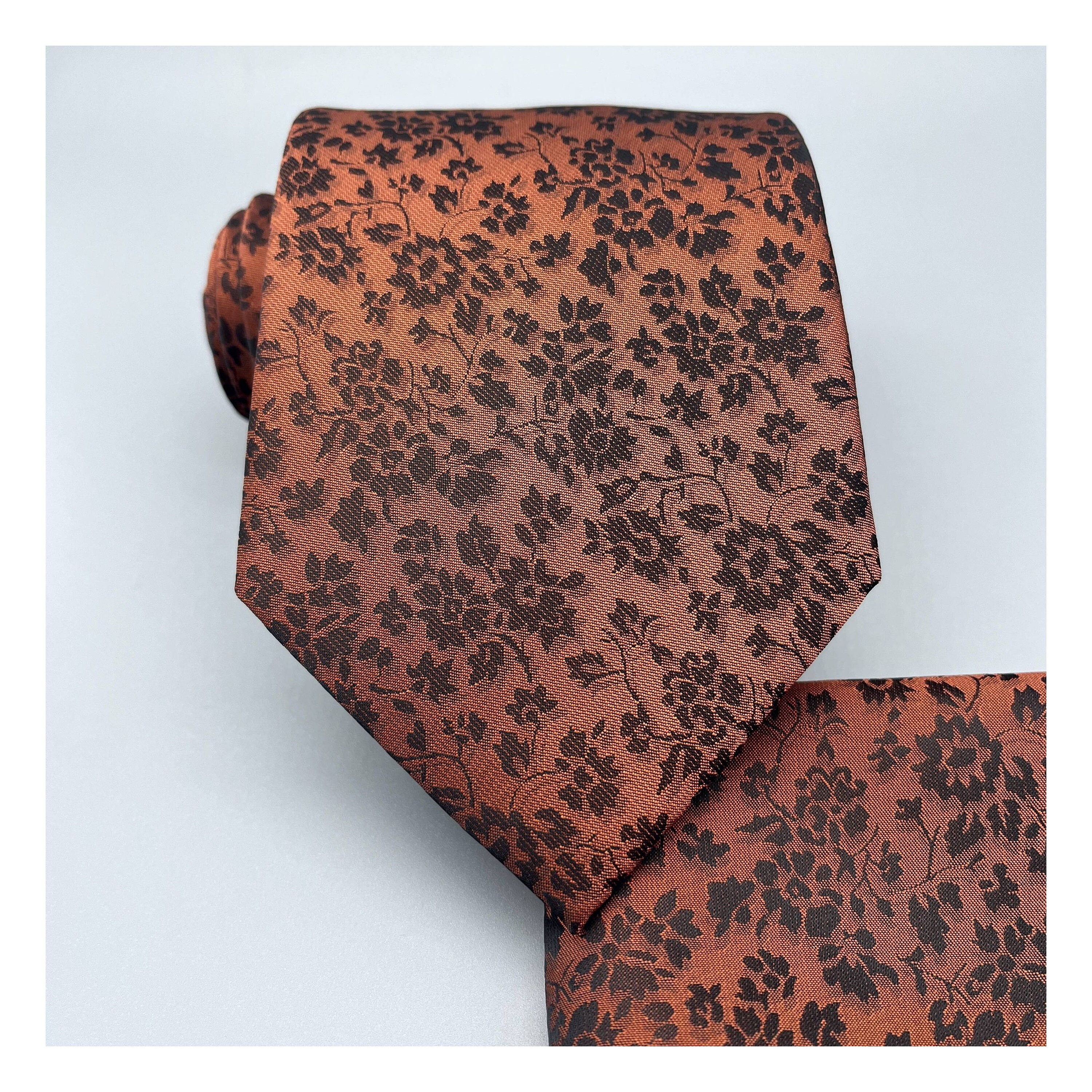 Floral Rust Cinnamon Self tie Classic Neck tie and Pocket Square Set Wedding Formal Groomsman Prom Bridal Gift