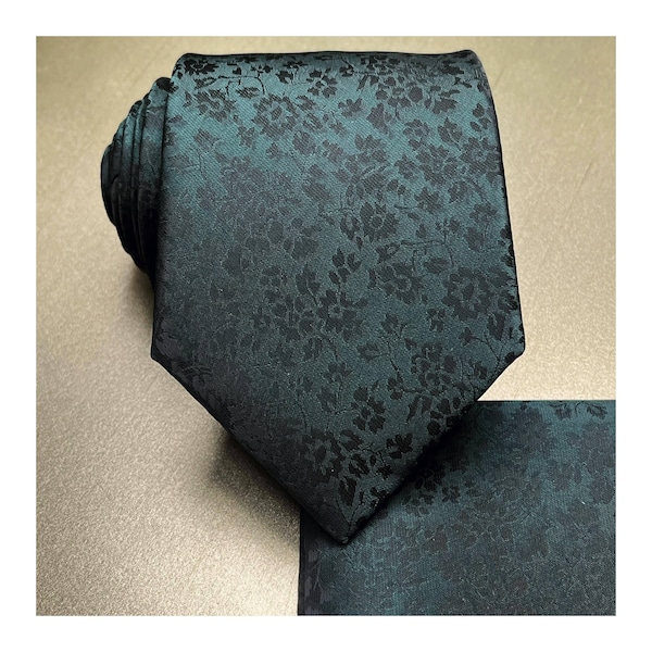 Floral Dark Forest Emerald Green Black Self tie Classic Neck tie and Pocket Square Set Wedding Formal Groomsman Prom Gift