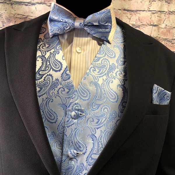 Light Blue Paisley Men's Vest Pre-tied bow tie and Pocket Square 3pcs Set for all formal or casual Prom Wedding Party