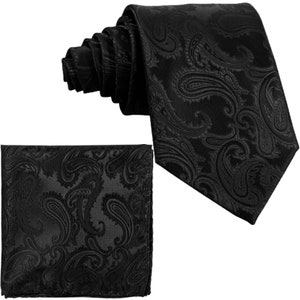 Black Paisley Self tie Neck tie and Pocket Square Handkerchief Hankie Set Party Christmas Holiday Prom Ceremony