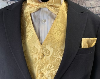 Gold Paisley Men's Vest Bow Tie and Pocket Square 3pcs Set
