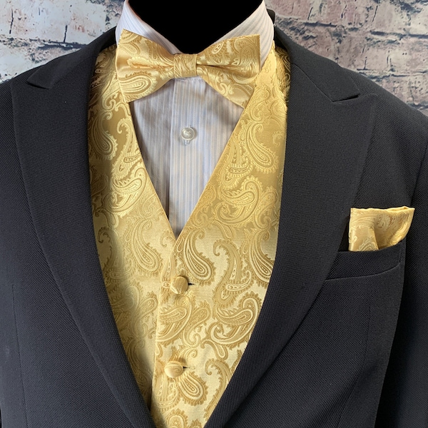 Gold Paisley Men's Vest Bow Tie and Pocket Square 3pcs Set