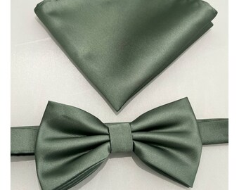 Dark Dusty Sage Green Solid Men's Pretied butterfly bow tie and Pocket Square Set Wedding