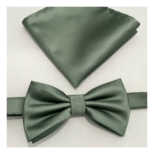 Dark Dusty Sage Green Solid Men's Pretied butterfly bow tie and Pocket Square Set Wedding