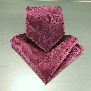 Burgundy Paisley Self tie Neck tie and Pocket Square Set Wedding Party Christmas Holiday Prom
