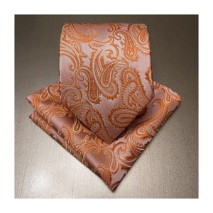 Paisley Salmon Light Orange Self tie Neck tie and Pocket Square Handkerchief Hankie Set