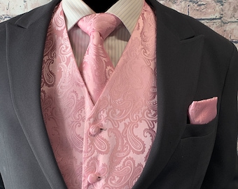 Light Pink Paisley Men's Vest Longtie and Pocket Square 3pcs Set for all formal or casual occasion Prom Wedding Party