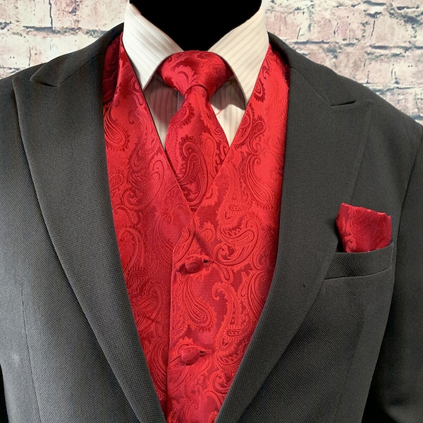 Red /Red Paisley Men's Vest Longtie and Pocket Square 3pcs Set for all formal or casual occasion Prom Wedding Party