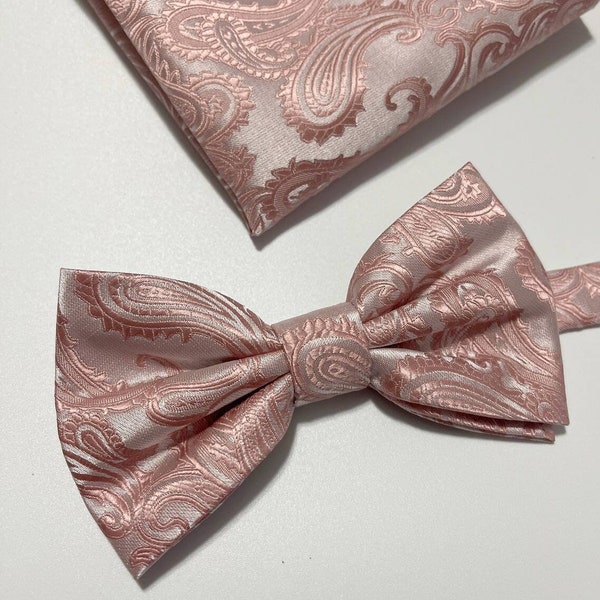 Dusty Rose Paisley Men's Pretied bow tie and Pocket Square Set Wedding Formal Ballet 2023