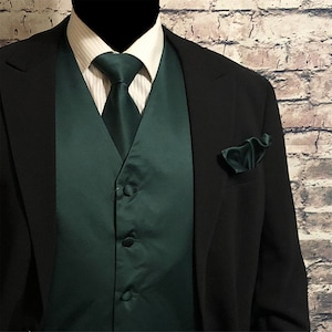 Dark forest green Solid Plain Men&#39;s Vest Self Tie Longtie and Pocket Square 3pcs Set for all formal or casual occasion Prom Wedding Party