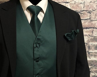 Dark forest green Solid Plain Men&#39;s Vest Self Tie Longtie and Pocket Square 3pcs Set for all formal or casual occasion Prom Wedding Party