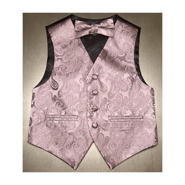 KIDS Dusty Mauve Quartz Paisley Vest Pretied Bow Tie and Pocket Square 3pcs Set for all formal Wedding Party Ringbearer Boy Girl 2023