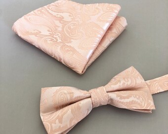 Paisley Blush Peach Pearl Pink Pretied bow tie and Pocket Square Handkerchief Hankie Set