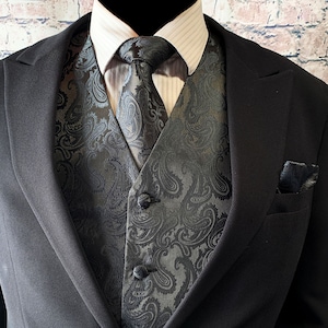 CHARCOAL GREY Paisley Men's Vest Longtie and Pocket Square 3pcs Set for all formal or casual occasion Prom Wedding Party