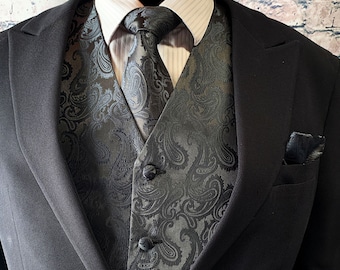 CHARCOAL GREY Paisley Men's Vest Longtie and Pocket Square 3pcs Set for all formal or casual occasion Prom Wedding Party