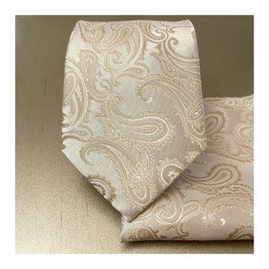 Beige Paisley Self tie Neck tie and Pocket Square Handkerchief Hankie Set Classic 3.5 Width Wedding Champagne image 1