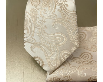 Beige Paisley Corbata para el cuello y pañuelo cuadrado de bolsillo Hankie Set Clásico 3.5" Ancho Boda Champán