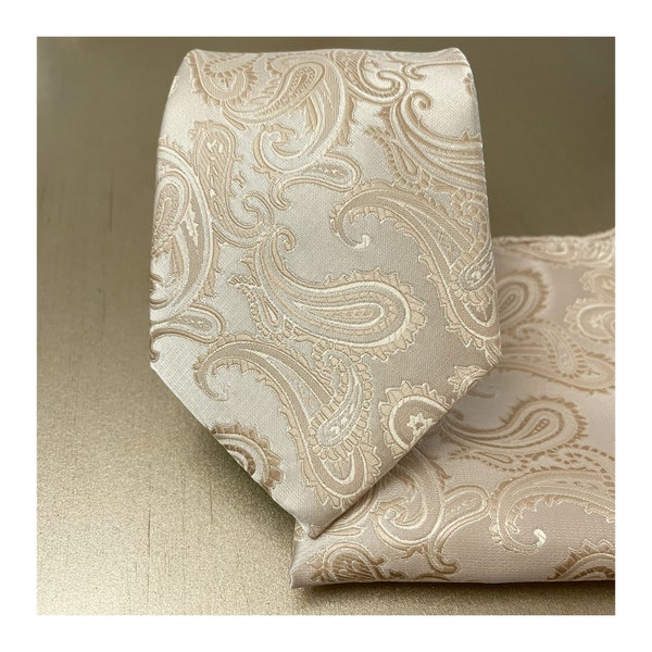 Beige Paisley Self tie Neck tie and Pocket Square Handkerchief Hankie Set Classic 3.5" Width Wedding Champagne