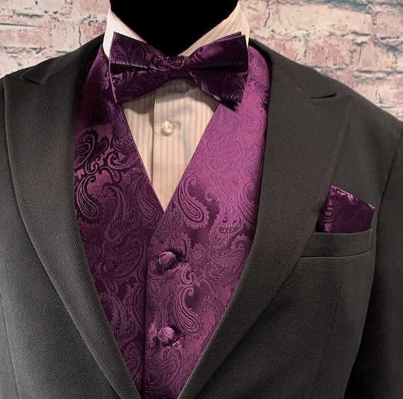 Crown Dark Plum Purple Paisley Men s Vest Bow Tie and Pocket Square 3pcs Set