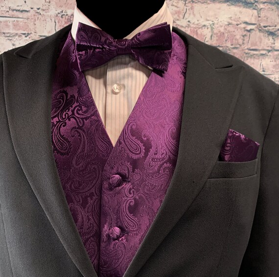 Deep Purple Paisley Tuxedo Vest & Bow Tie Set | Men's XS To 6XL | Wedding Formal Wear | Brand Q