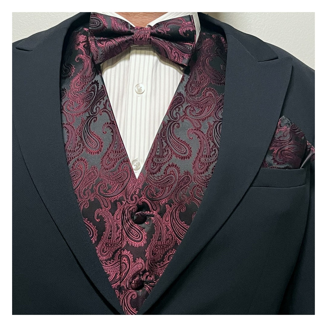 Burgundy Wine Black Paisley Men's Vest Pre-tied Bow Tie and Pocket