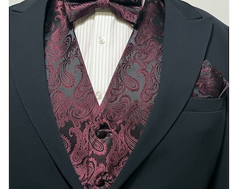 Burgundy Wine Black Paisley Men's Vest Pre-tied bow tie and Pocket Square 3pcs Set