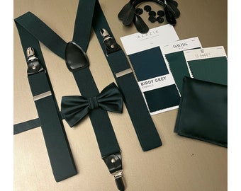 Dark Green Forest Emerald Teen / Men's Convertible Suspender Pretied Bow Tie and Pocket Square Set